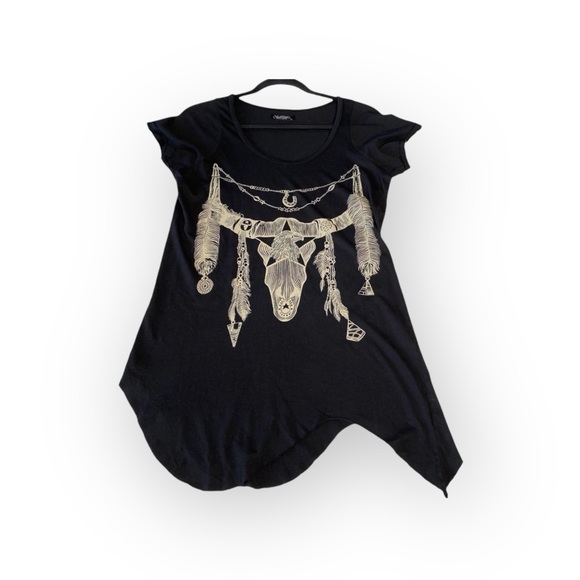 Rare: new Lauren Moshi ✌︎︎ Wanderlust Feather Steer Skull Tee Shirt ✌︎︎ Raw Cut - Picture 8 of 16